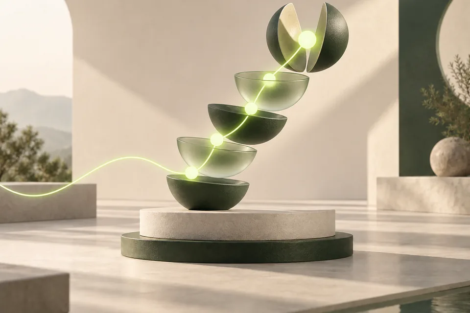 Des modules en expansion reliés par un fil lumineux ascendant